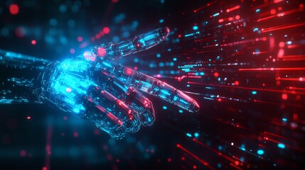 Naklejka premium In the background are stock market charts, as a human hand and a robotic arm reach towards each other.