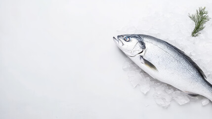 Fresh barramundi fish resting on ice at a seafood market, showcasing glistening scales and vibrant detail in soft diffused light, blurred background for emphasis