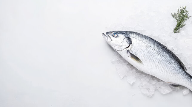 Fresh barramundi fish resting on ice at a seafood market, showcasing glistening scales and vibrant detail in soft diffused light, blurred background for emphasis