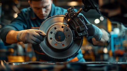 Obraz premium Photo of a mechanic carefully installing a new brake on a car, demonstrating brake replacement and automotive maintenance in a professional workshop.