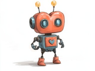 A creative visual showcasing a retro robot heart coupled with a light bulb heart, ideal for a Valentine's card.