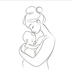 Oneline drawing style a mother holding a baby in her arms white background simple lines minimalist style cute and dreamy with white space around the drawing.jpe
