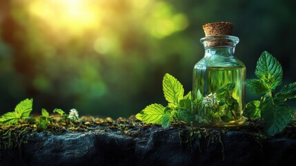 Glass Bottle of Herbal Oil Surrounded by Fresh Green Leaves
