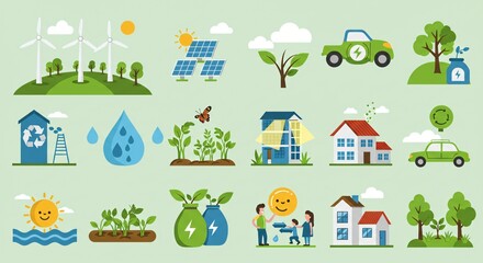 Obraz premium Flat design ecology concepts, such as renewable energy, recycling, and sustainability