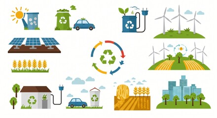 Flat design ecology concepts, such as renewable energy, recycling, and sustainability