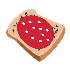 A Brown hand-drawn vector illustration of rectangular piece of bread with seeds and sausage isolated on a white backgroundPrint