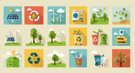 Naklejka premium Flat design ecology concepts, such as renewable energy, recycling, and sustainability