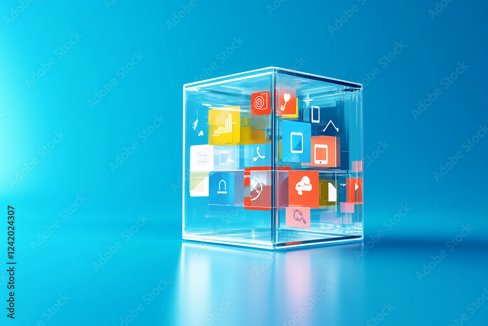 Fototapete A digital transparent cube displaying colorful icons representing technology, data, and connectivity in a futuristic style. The image symbolizes the concept of modern virtual systems and networks.