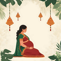 a south indian traditional babyshower also known as sreemantham invite with an illustration of a pregnant woman in red and green saree decked with traditional i