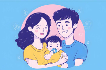 Illustration style cartoon style a family of three with a man and a woman holding a baby eating a pacifier in their arms smiling bold lines blue pink background