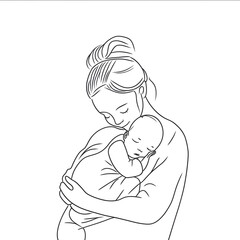 mother and newborn baby hugging minimal line art black and white