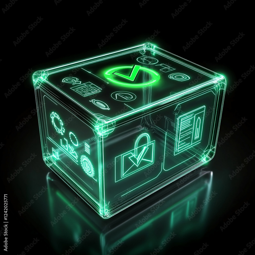 Aufkleber 3D rendered glowing green check mark in a box with multiple symbols, representing approval, success, or verification in a modern digital context.