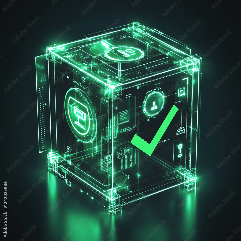 Poster 3d rendered glowing green check mark in a transparent digital box with various icons, representing a