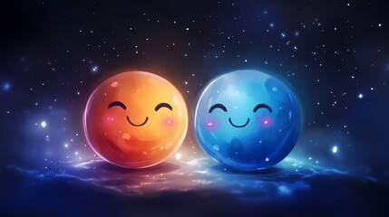 Colorful planets glow happily against a dark backdrop, celebrating their playful existence in space. Celestial Bodies as Characters. Illustration