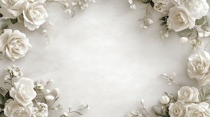 White roses frame, marble, blank space, wedding invitation