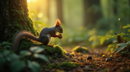 Obraz premium A Squirrel Sitting on a Moss Covered Tree Stump in a Forest - Generative AI
