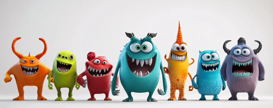 Seven funny cartoon monsters with big teeth smiling and having fun