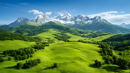 Fototapeta premium Majestic snow-capped mountains, green valley, sunny day, travel poster