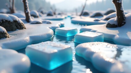 Miniature winter landscape with floating ice cubes in a river surrounded by snow and trees	