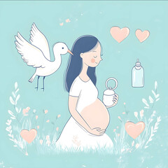 create me a Pregnancy Diary cover with a pregnant woman a stork two hearts a pacifier a baby bottle Pastel colors Cartoon style