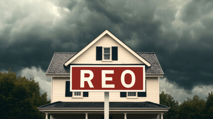 A house under dark clouds with a prominent "REO" sign, indicating it's a real estate-owned property due to foreclosure.