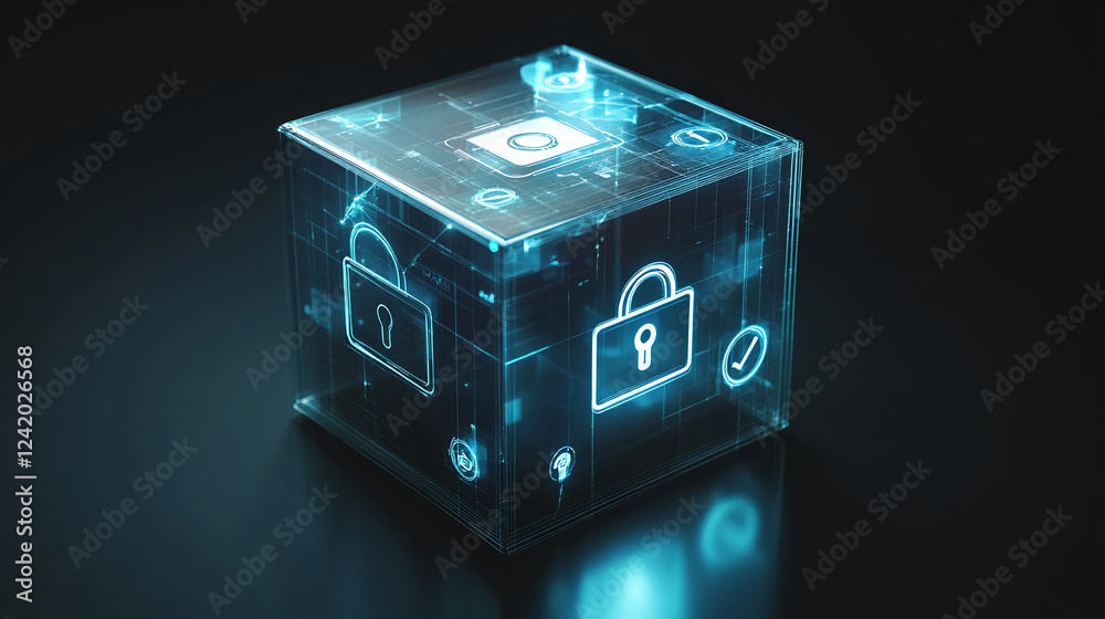 Poster a glowing transparent cube with security lock and checkmark icons, representing digital security, pr