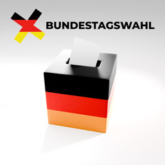 Bundestagswahl 2025, German Federal Election. Ballot box with German flag and election paper. Representation of democracy, political decision-making, and governance, isolated on white background. BTW