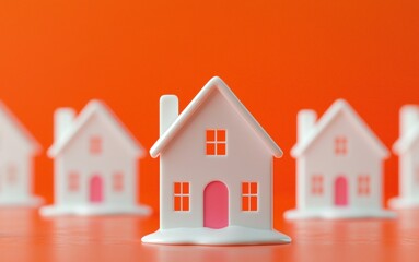 A row of miniature white houses with pink doors set against a vibrant orange background, symbolizing home and community.