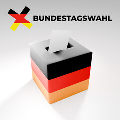 Bundestagswahl 2025, German Federal Election. Ballot box with German flag and election paper. Representation of democracy, political decision-making, and governance, isolated on white background. BTW