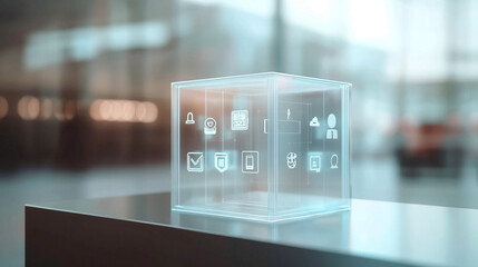 A glowing transparent cube with digital icons and symbols, representing data, communication, security, and technology in a modern business environment.