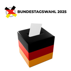 Bundestagswahl 2025, German Federal Election. Ballot box with German flag and election paper. Representation of democracy, political decision-making, and governance, isolated on white background. BTW