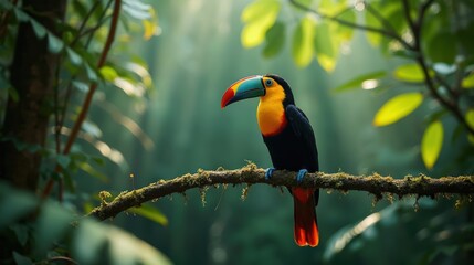 Fototapeta premium A Colorful Bird Perched on a Tree Branch in a Forest - Generative AI