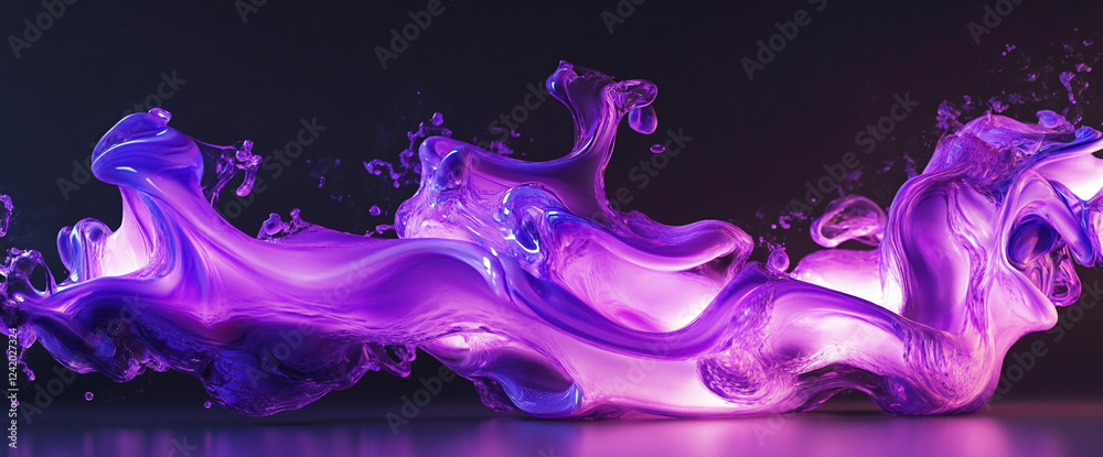 Poster vibrant purple and pink liquid splashes and flowing with high energy on a dark background, showcasin
