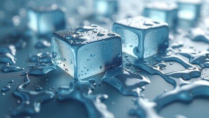 Scattered melting ice cubes on a reflective wet surface with water droplets	