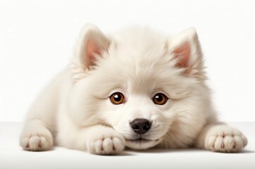 Obraz premium Cute adorable domestic curious pet dog animal puppy with its paws peeking over a white surface, photorealistic illustration on isolated background texture design. 