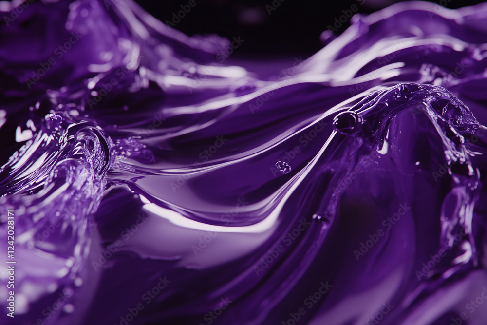 Poster Close-up of flowing purple liquid with glossy, smooth textures, creating an elegant and dynamic composition of ripples and light reflections, representing fluidity and motion.