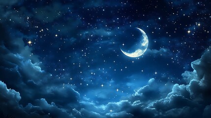 Fototapeta premium A serene night sky with a crescent moon and twinkling stars among soft clouds.
