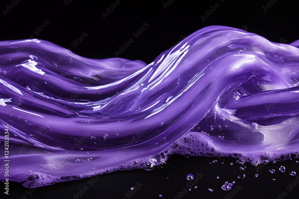 Poster Close-up of flowing purple liquid creating smooth, glossy waves with soft bubbles, symbolizing movement, elegance, and fluidity, with a sleek and modern design.
