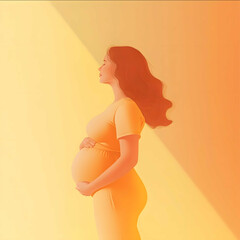 a 2d style illustration image of a pregnant women facing camera Soft pastel colors clean lines and...