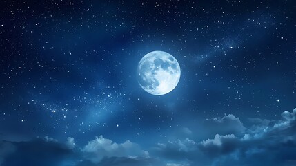 Fototapeta premium A serene night sky featuring a bright full moon surrounded by stars and soft clouds.