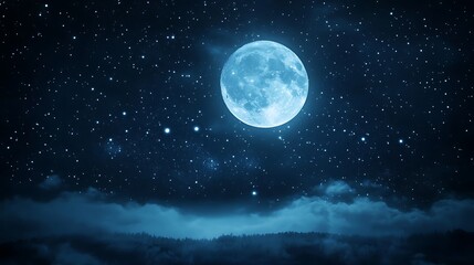 Fototapeta premium A serene night sky featuring a bright full moon and scattered stars above dark clouds.