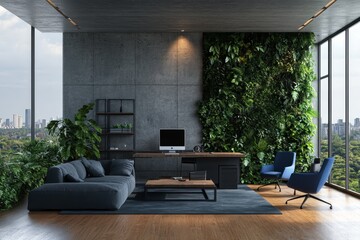 Modern office with living wall, city view, and dark furniture.