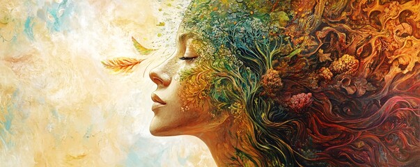 Tranquil beauty: woman adorned with flowers and leaves, reflecting the serenity of nature