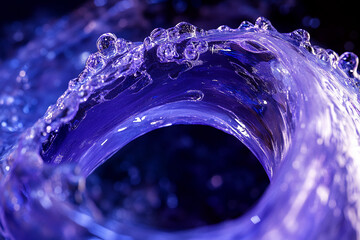 Close-up of vibrant purple liquid swirling in a circular motion with droplets of water, showcasing the dynamic movement and smooth texture of the fluid in motion.