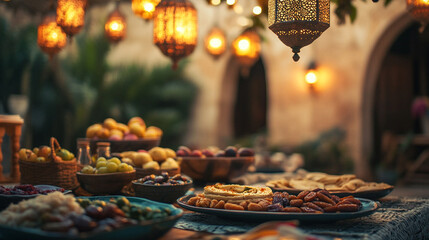 Elegant dining table set outdoors under warm golden fairy lights, adorned with gourmet dishes and vintage lanterns, evoking a luxurious and inviting ambiance