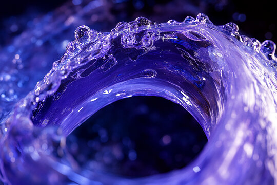 Close-up of vibrant purple liquid swirling in a circular motion with droplets of water, showcasing the dynamic movement and smooth texture of the fluid in motion.