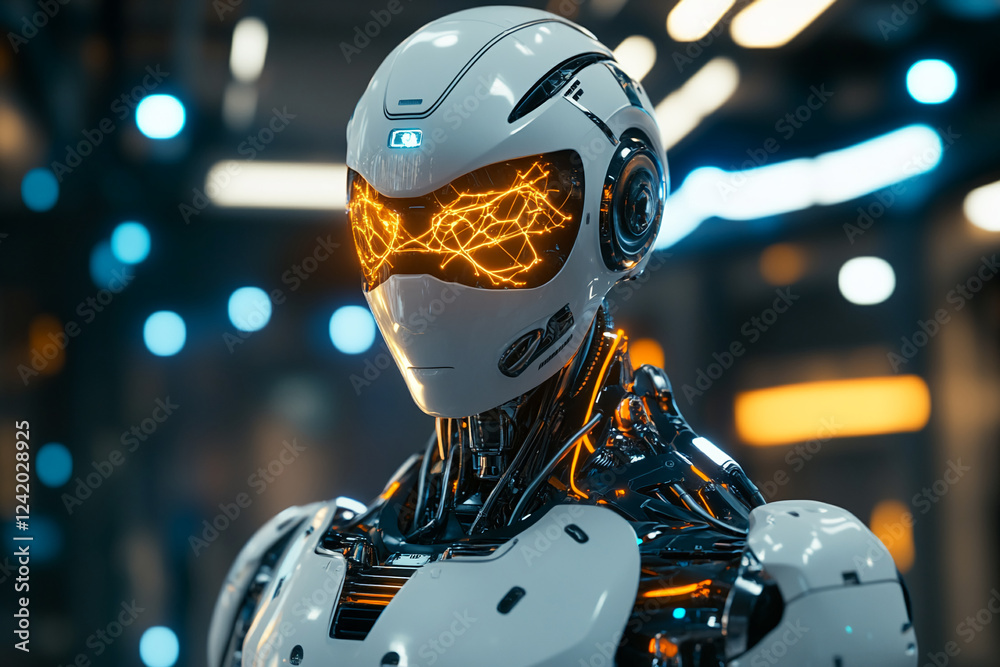 Poster close-up of a futuristic humanoid robot with glowing orange eyes, showcasing advanced technology and
