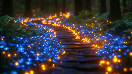 Enchanted neon fairy tale forest with luminous flowers, a mysterious path in dark magical woods, glowing plants, and ethereal lights, evoking fantasy, wonder, and the beauty of nature.

