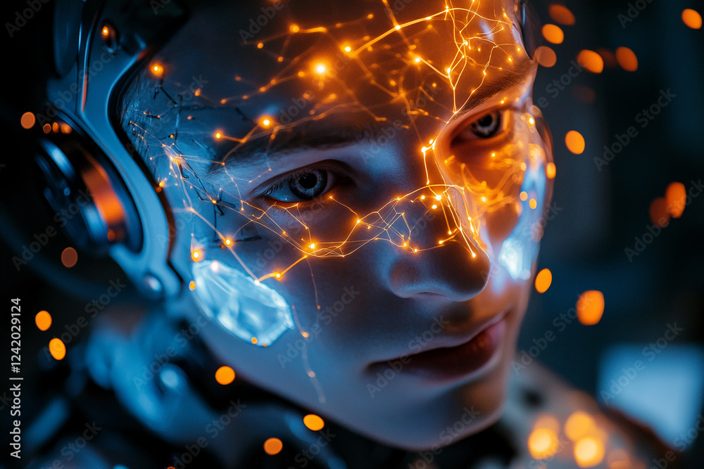 Poster Close-up of a futuristic humanoid robot's face with glowing orange neural network patterns, symbolizing advanced artificial intelligence and technology.