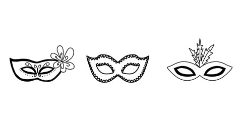 Carnival masks collection in doodle style. Masqeurade mask sketches for decorating festive invitations, banners, greeting cards.